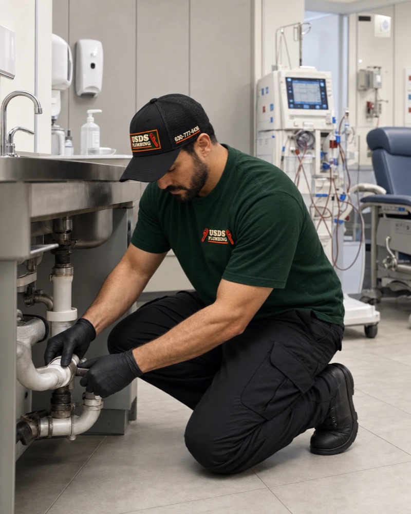 USDS Plumbing technician servicing sink plumbing in a dialysis clinic