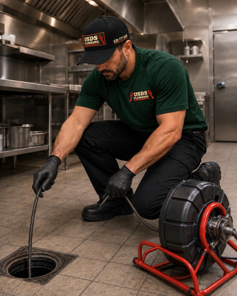 USDS Plumbing technician rodding a floor drain in a commercial kitchen