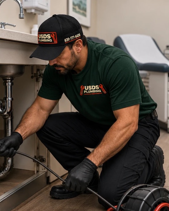 USDS Plumbing technician clearing a sink drain in a medical exam room