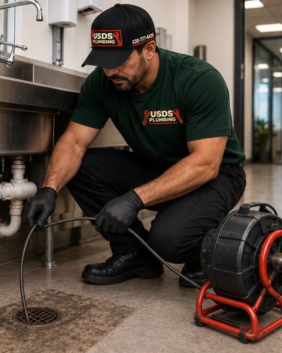 USDS Plumbing technician clearing a break-room sink drain in an office