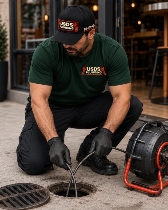 USDS Plumbing technician clearing a floor drain at a storefront