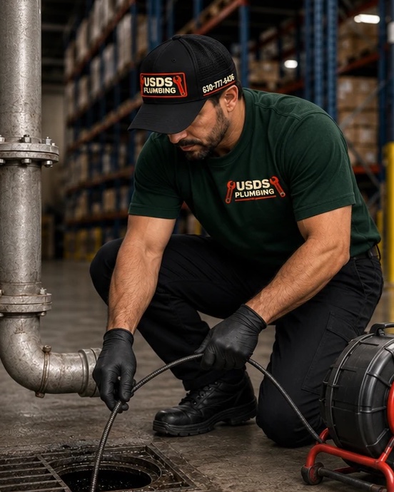 USDS Plumbing technician rodding a floor drain in a warehouse